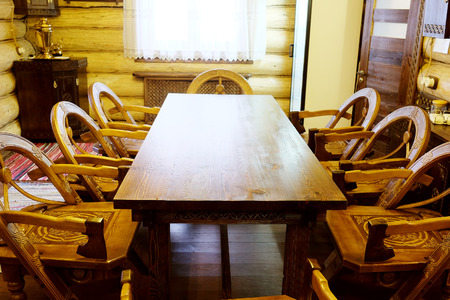 Interior of the dining room in the wooden houseのeditorial素材