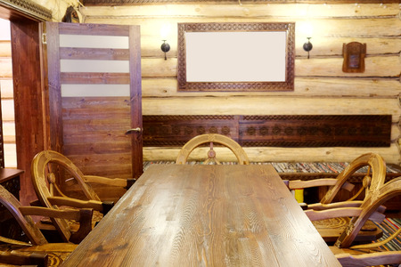 Interior of the dining room in the wooden houseのeditorial素材