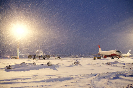 Moscow, Russia, February, 09,2015: commercial airplanes parking at the airport in winterのeditorial素材