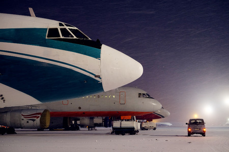 Moscow, Russia, February, 09,2015: commercial airplanes parking at the airport in winteのeditorial素材