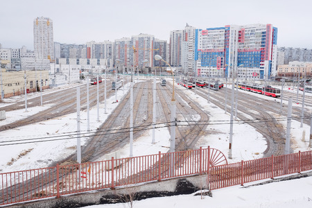 RUSSIA, MOSCOW - FEBRUARY 20, 2015: tramway depot in winterのeditorial素材