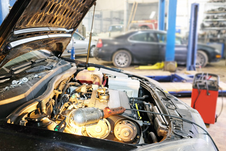 Under the hood of the car. Car under repairの写真素材