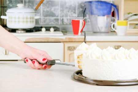 Woman cuts the cakeの写真素材