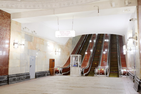 MOSCOW, RUSSIA  -  APRIL 12, 2015: Sokolnicheskaya line - the first line of the Moscow metro. Station of the Moscow metro station Krasnye Vorota escalator exit to the cityのeditorial素材