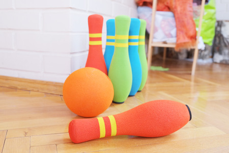 Children's toy. Bowling soft colorful pinsの写真素材