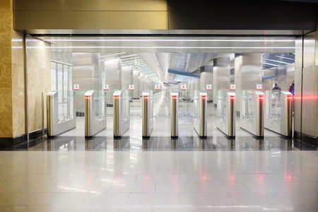 Moscow, Russia, March, 31, 2015: Turnstiles at the metro station "Vystavochnaya" in Moscowのeditorial素材