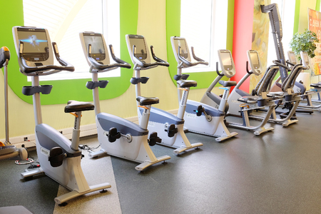 Moscow, Russia, October, 7, 2015: interior of a modern fitness hall in Moscow. Today fitness centers are very popular with Muscovitesのeditorial素材