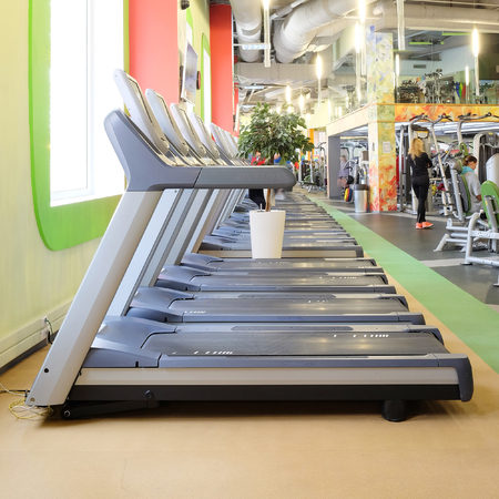 Moscow, Russia, October, 7, 2015: interior of a modern fitness hall in Moscow. Today fitness centers are very popular with Muscovitesのeditorial素材