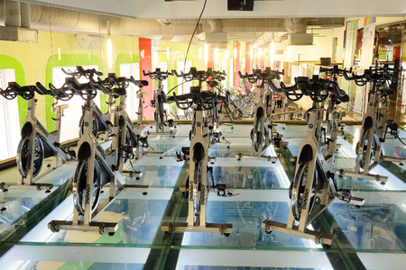 Moscow, Russia, October, 7, 2015: interior of a modern fitness hall in Moscow. Today fitness centers are very popular with Muscovitesのeditorial素材
