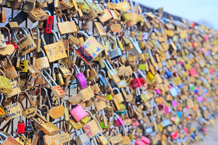 Paris, France, February 7 , 2016: Archbishop's Bridge in Paris, France, covered with love locks.