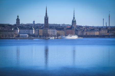 Stockholm, Sweden - March, 16, 2016: panorama of Old Town of Stockholm, Sweden, with the boats on a seaのeditorial素材