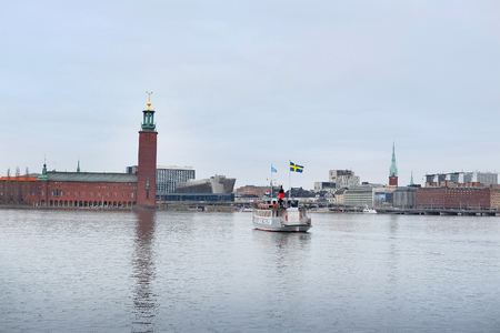 Stockholm, Sweden - March, 16, 2016: panorama of Old Town of Stockholm, Sweden, with the boats on a seaのeditorial素材