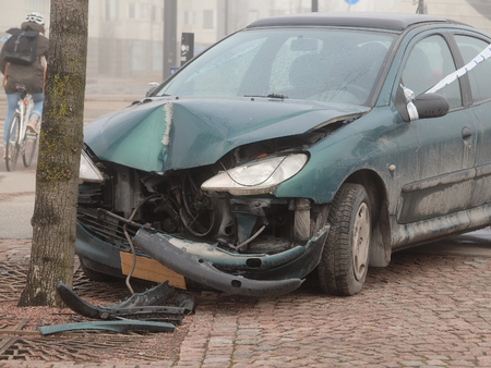 Helsinki, Finland - April, 4, 2016: crashed car in Helsinki, Finlandのeditorial素材
