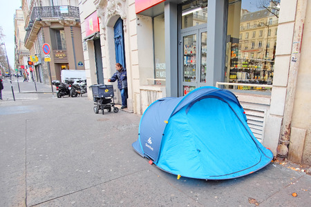Paris, France, February 11, 2016: tent of homeless people in a center of Paris, France.のeditorial素材
