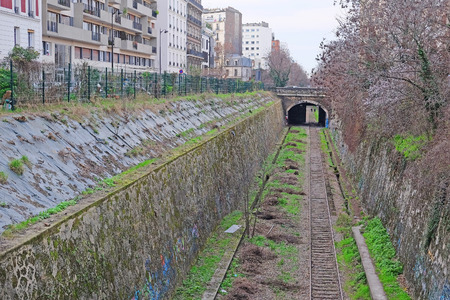 Paris, France - February, 8, 2016: one-track railroad line in Paris, Franceのeditorial素材