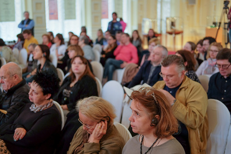 Moscow, Russia - May, 23, 2016: journalists on the press conference devoted to tours of the La Scala theater in Moscow.のeditorial素材