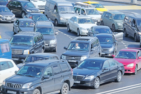 Moscow, Russia, May, 23, 2016: Cars stands in traffic jam in the center of Moscow, Russia
