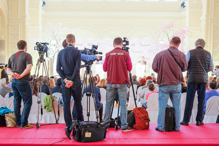 Moscow, Russia - May, 23, 2016: journalists on the press conference devoted to tours of the La Scala theater in Moscow.のeditorial素材