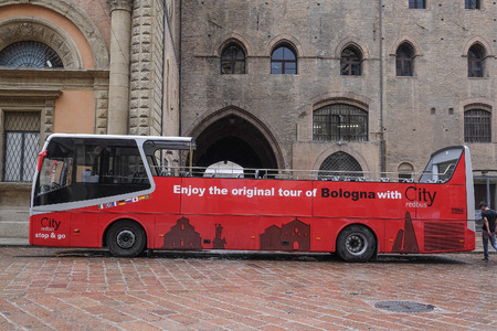 Bologna, Italia - June, 18, 2016: tourist bus in a center of Bologna, Italyのeditorial素材