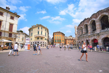 VERONA, ITALY - JULY, 2, 2016: people in the area infront of Arena of Verona (in Italian it is called Arena di Verona) -ancient amphitheatre used today as a stage for concerts and Opera performancesのeditorial素材