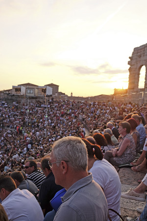 VERONA, ITALY - JULY, 4, 2016: onlookers on a concert in Arena of Verona (in italian - Arena di Verona) - ancient amphitheater, today used as a theatre stageのeditorial素材