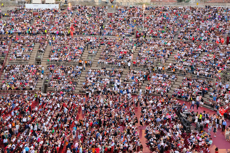 VERONA, ITALY - JULY, 4, 2016: onlookers on a concert in Arena of Verona (in italian - Arena di Verona) - ancient amphitheater, today used as a theatre stageのeditorial素材