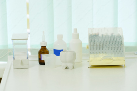 Set of different dentist's tools and medsの写真素材