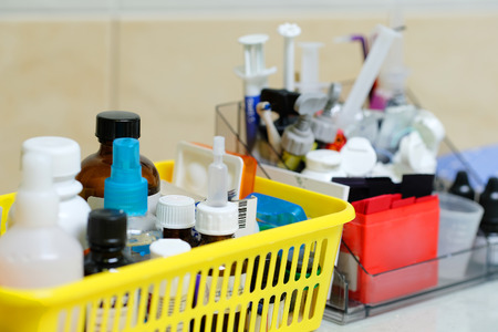 Set of different dentist's tools and medsの写真素材