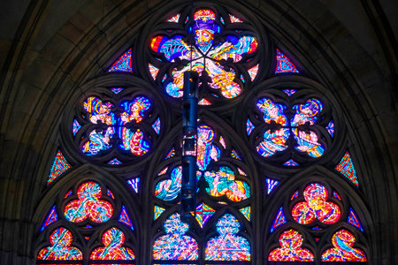 Prague, Czechia - November, 21, 2016: stained-glass of St. Vitus Cathedral  in Prague Castle,...