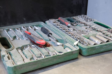 Close up set of previously used dirty tools