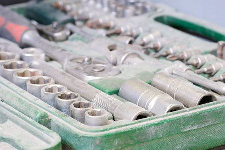 Close up set of previously used dirty toolsの写真素材