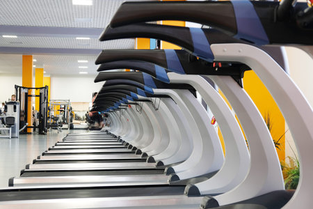 Interior of treadmills in a fitness hall