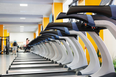 Interior of treadmills in a fitness hall