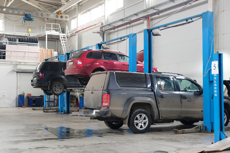 Stupino, Moscow region, Russia - April, 4, 2017: Cars in a car repair station in Stupino, Russiaのeditorial素材