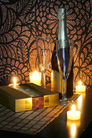 Candle on a served tableの写真素材