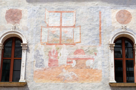 Trento, Itali - June, 25, 2017: fresco on a wall of an ancient house in Trento, Italyのeditorial素材
