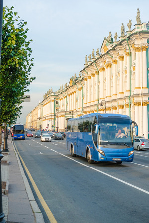 St. Petersburg, Russia - August, 19, 2017: traffic on Dvortsovaya embankment in St. Petersburg, Russiaのeditorial素材