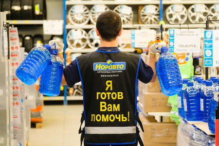 Klimovsk, Moscow region, Russsia - October, 16, 2017: salesman in the car components shop in Klimovsk, Russiaのeditorial素材