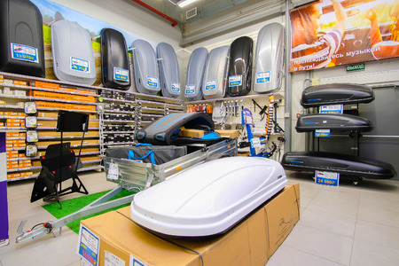 Klimovsk, Moscow region, Russsia - October, 16, 2017: car roof bars in the car components shop in Klimovsk, Russiaのeditorial素材