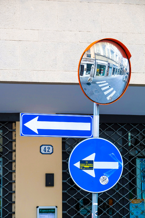 PADOVA, ITALY - June, 22, 2017: veiw from a street mirror to a street in a center of Padova, Italyのeditorial素材