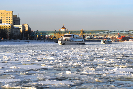 Moscow, Russia - March, 10, 2018: winter embankment of Moscow river in Moscow, Russiaのeditorial素材