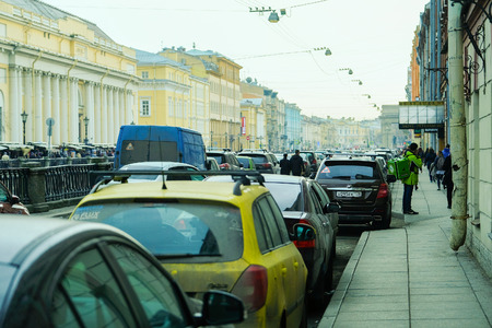 St. Petersburg, Russia - April, 17, 2018: cars on a parking in St. Petersburg's streetのeditorial素材