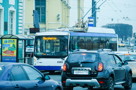 St. Petersburg, Russia - April, 17, 2018: trolleybus on the street of St. Petersburgのeditorial素材