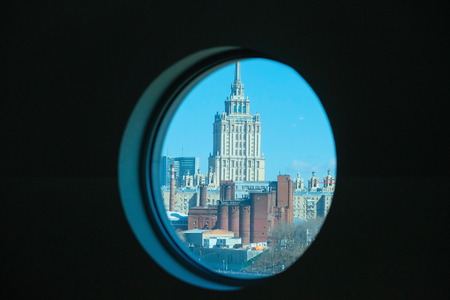 Moscow, Russia - April, 12, 2018: the image of hotel Ukraine through a windowのeditorial素材