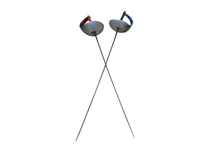 Sport rapiers and helmets close up