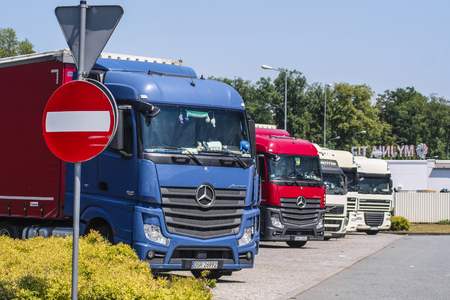 Poland - May, 31, 2018: Trucks on a parking near a highway in Polandのeditorial素材