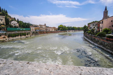 Verona, Italy - July, 15, 2018: embankment of Adige river in Verona, Italyのeditorial素材
