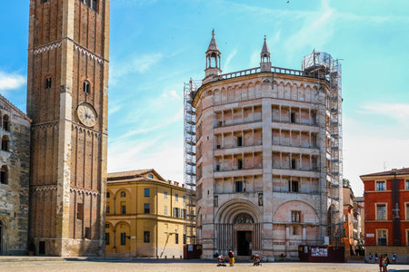 Parma, Italy - July, 9, 2018: center of Parma with Parma Cathedral and Baptistery, Italyのeditorial素材
