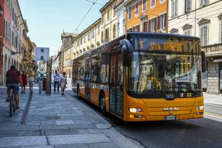 Parma, Italy - July, 9, 2018: bus on a street in a center of Parma, Italyのeditorial素材