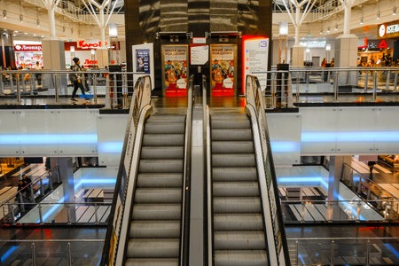 Moscow, Russia - April, 5, 2019: escalator in Moscow shopping center, Russia